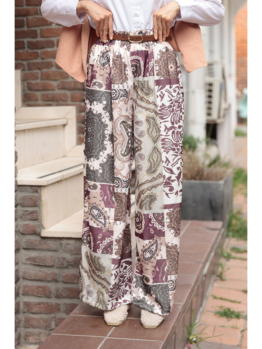 Kadın Baskılı Saten Pantolon Yeşil-2