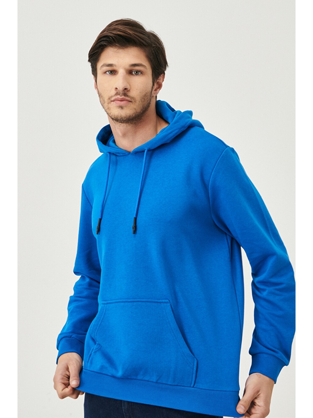 Erkek İndigo Standart Fit Kapüşonlu Sweatshirt-3