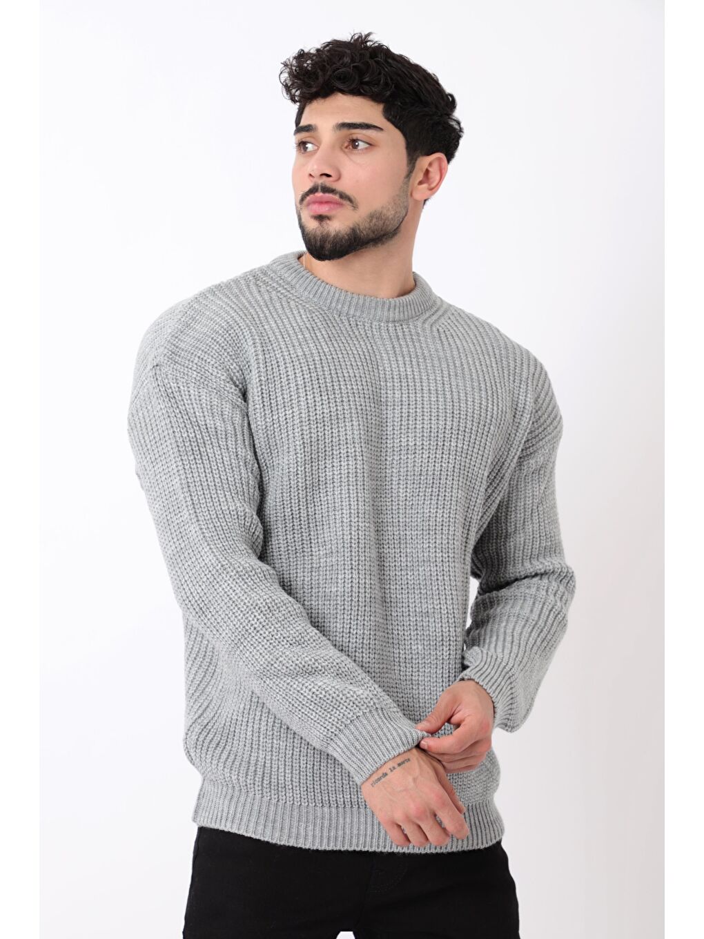 Gri Yuvarlak Yaka Triko Erkek Kazak Bld 5307_10020