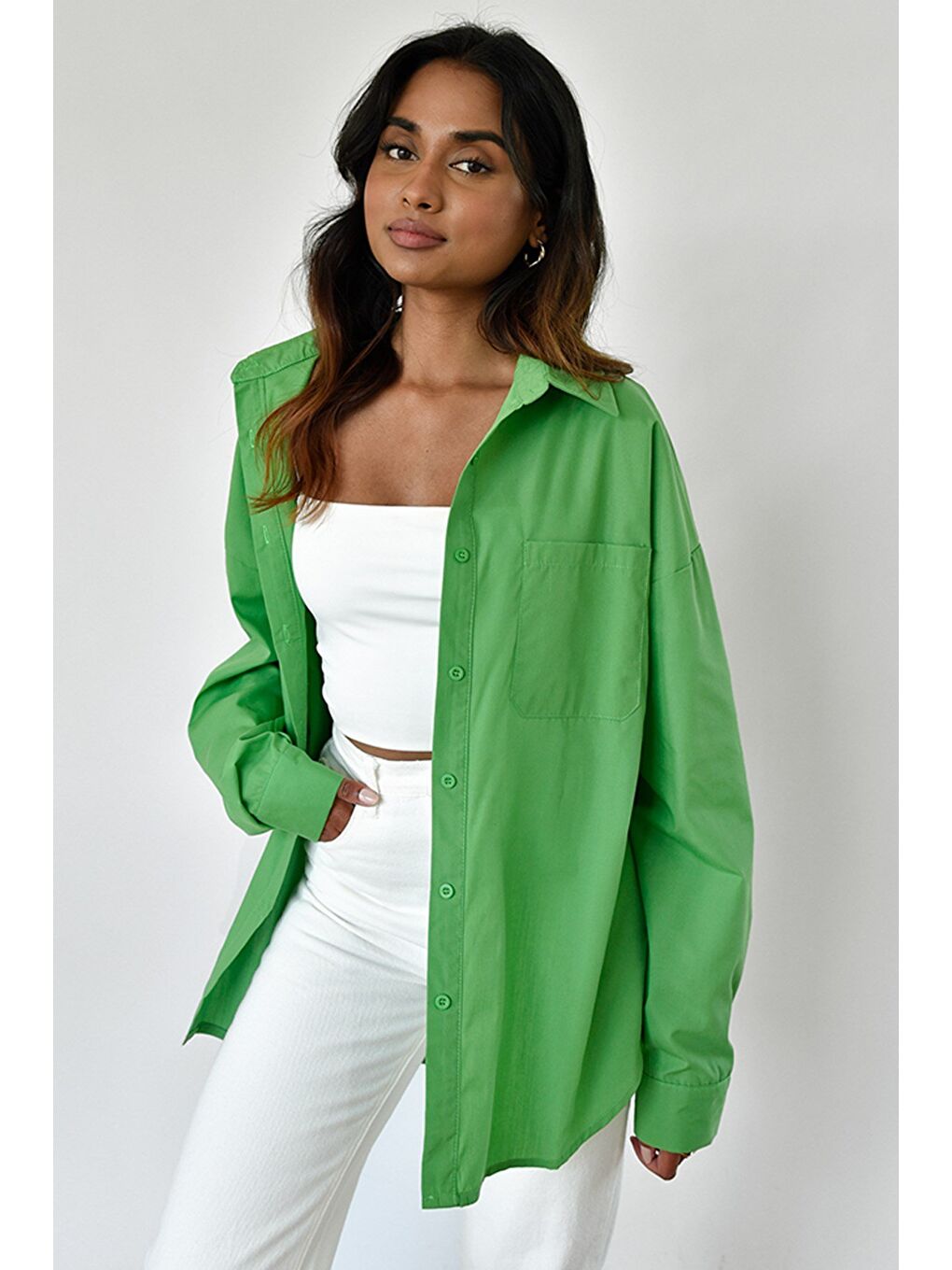 Yeşil Oversize Basic Cepli Poplin Gömlek Mg1530-6