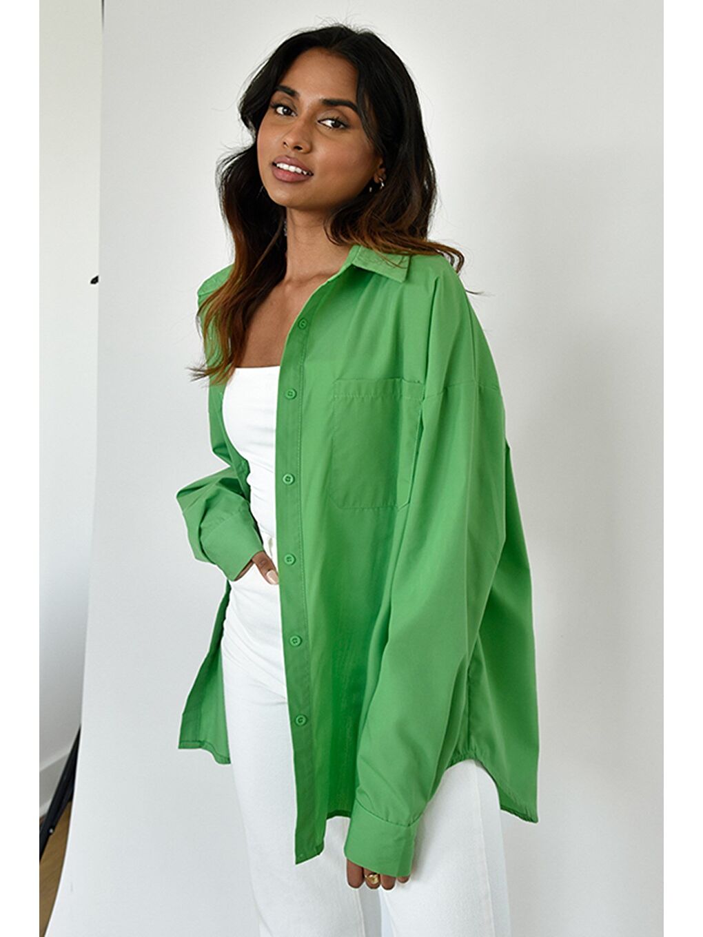 Yeşil Oversize Basic Cepli Poplin Gömlek Mg1530-7