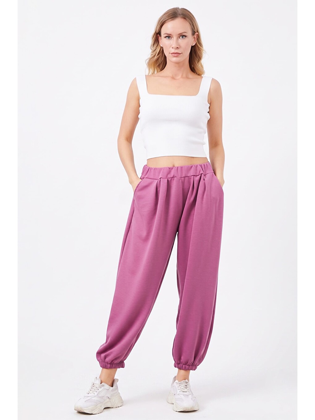 Pembe Beli Lastikli Modal Şalvar Pantolon