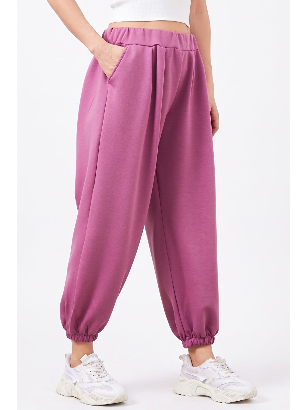 Pembe Beli Lastikli Modal Şalvar Pantolon-1
