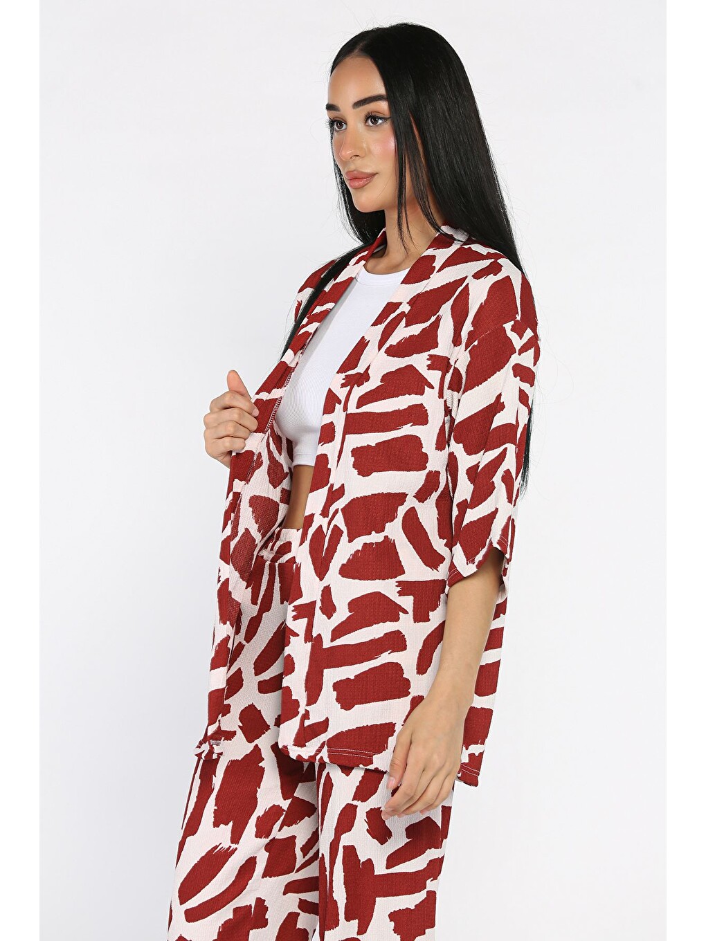 Bordo Kadın Desenli Kimono Pantolon İkili Takım-1