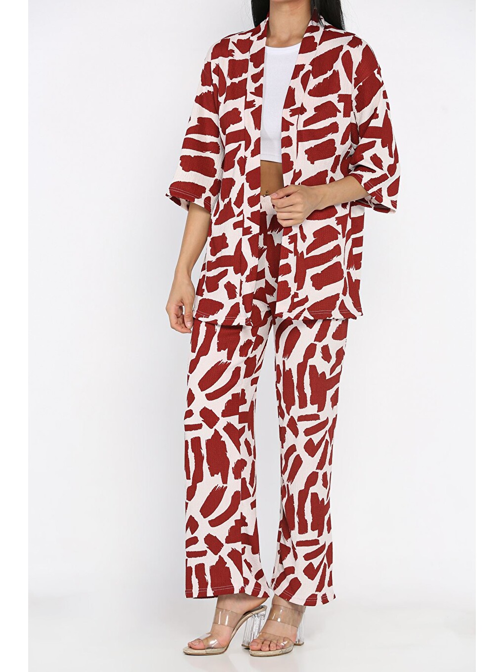 Bordo Kadın Desenli Kimono Pantolon İkili Takım-2