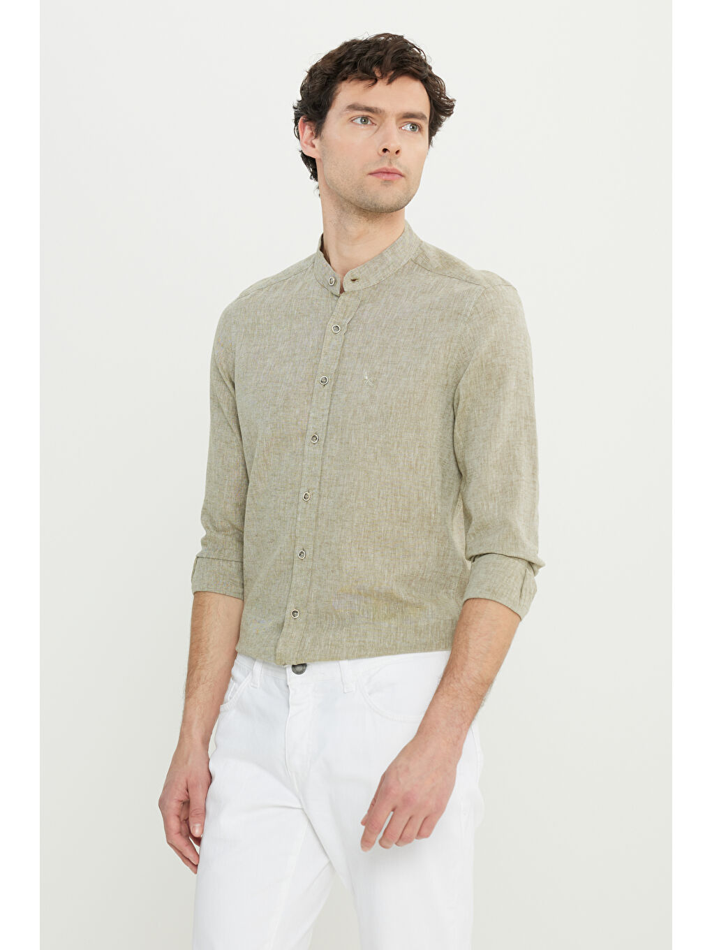 Erkek Haki Slim Fit Dar Kesim Hakim Yaka Keten Gömlek