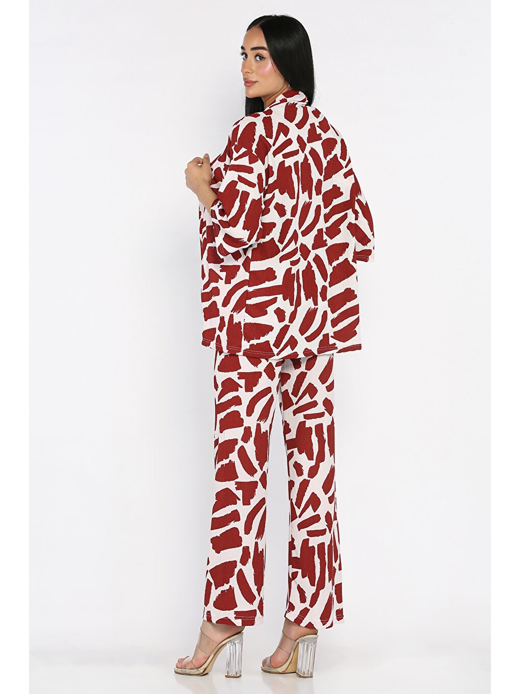 Bordo Kadın Desenli Kimono Pantolon İkili Takım-3