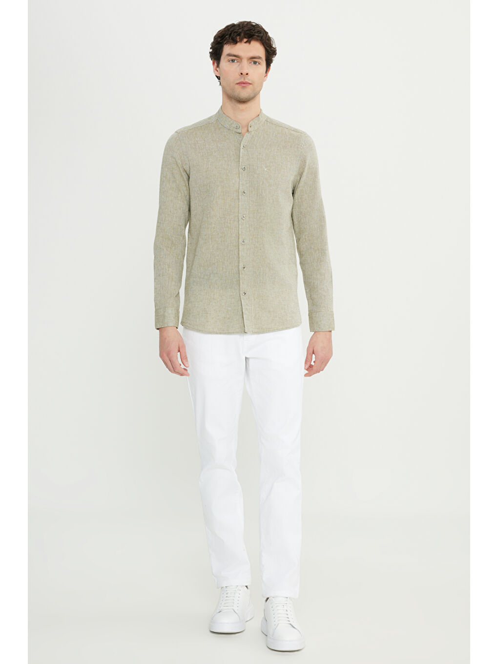 Erkek Haki Slim Fit Dar Kesim Hakim Yaka Keten Gömlek-1