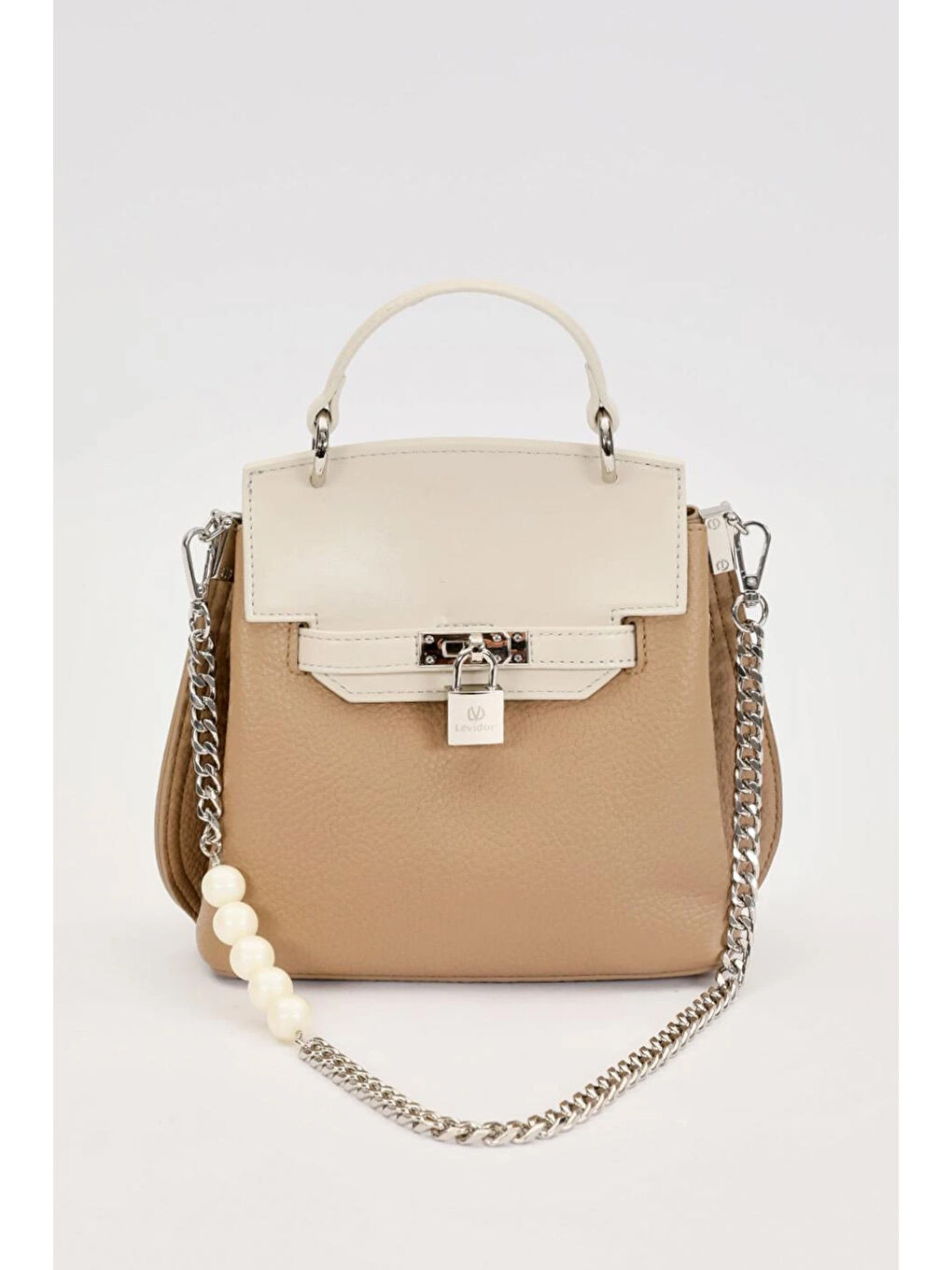 Premium Zincir ve Deri Askı Charm Detay Yumuşak Deri Çanta 930369 Bej