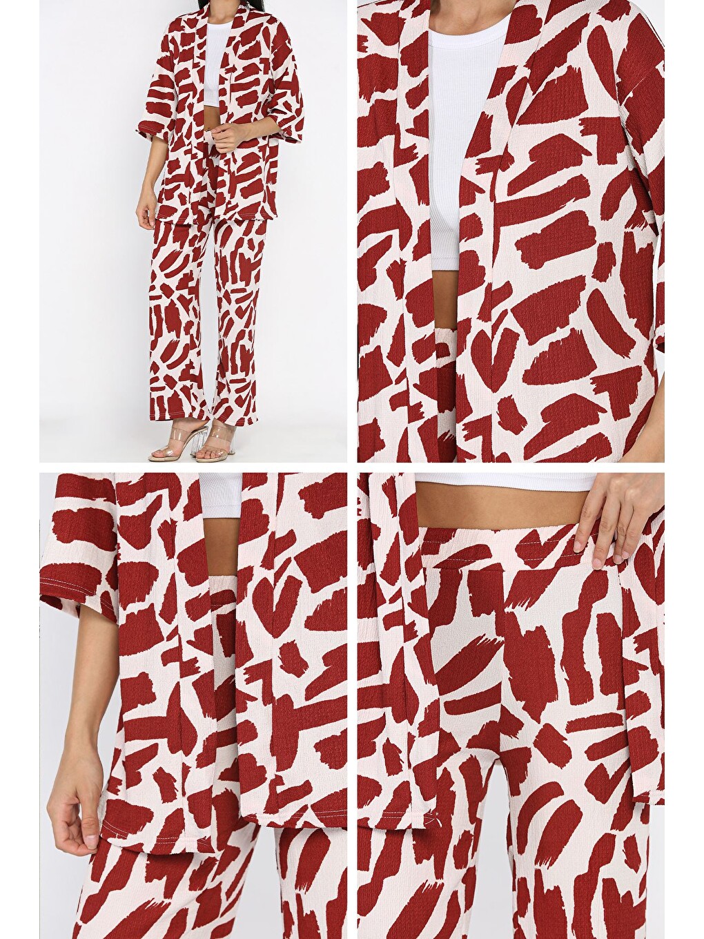 Bordo Kadın Desenli Kimono Pantolon İkili Takım-4
