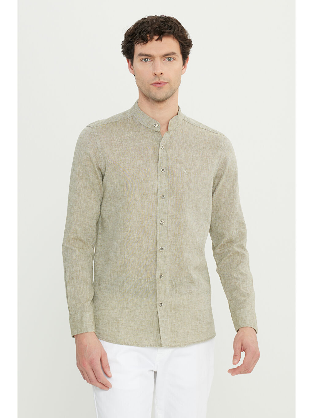 Erkek Haki Slim Fit Dar Kesim Hakim Yaka Keten Gömlek-2