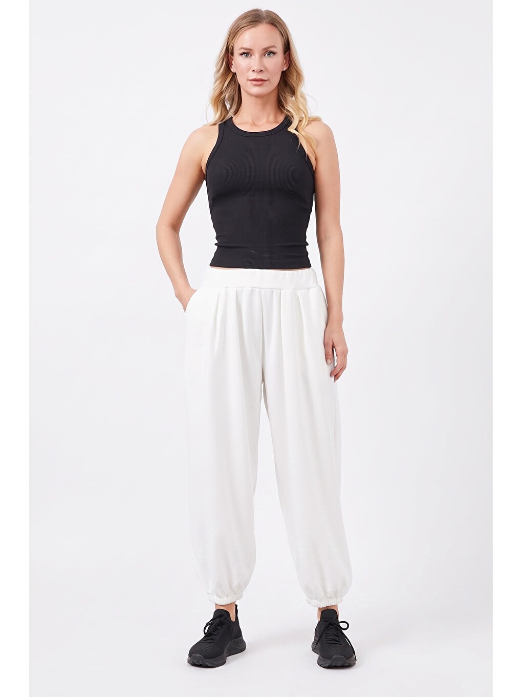 Ekru Beli Lastikli Modal Şalvar Pantolon