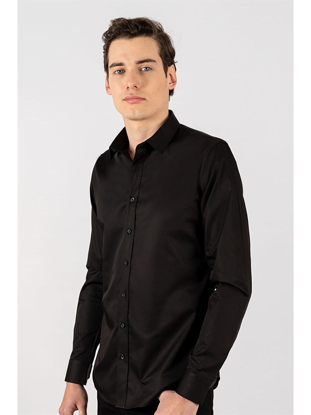 Slim Fit Düz İnce Pamuk Saten Erkek Siyah Gömlek-1