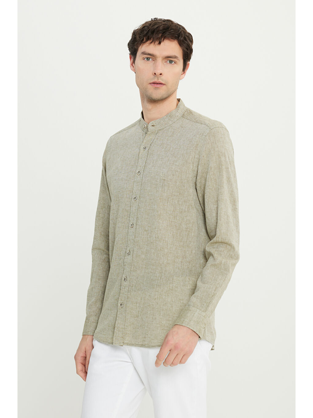 Erkek Haki Slim Fit Dar Kesim Hakim Yaka Keten Gömlek-3