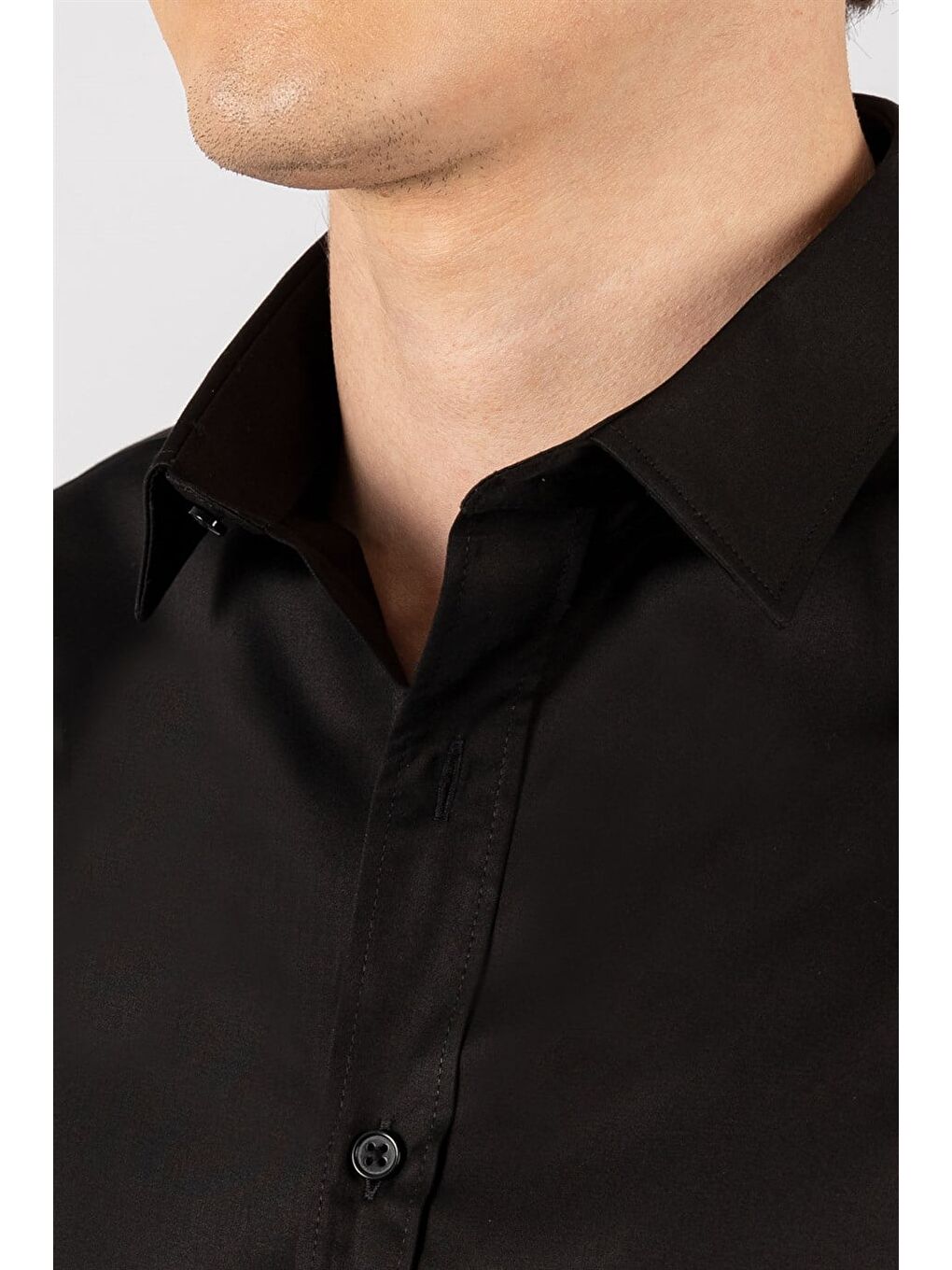 Slim Fit Düz İnce Pamuk Saten Erkek Siyah Gömlek-2