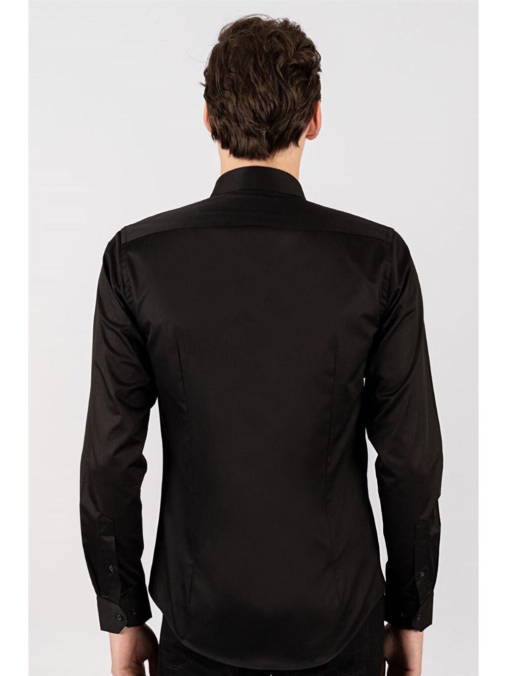 Slim Fit Düz İnce Pamuk Saten Erkek Siyah Gömlek-3