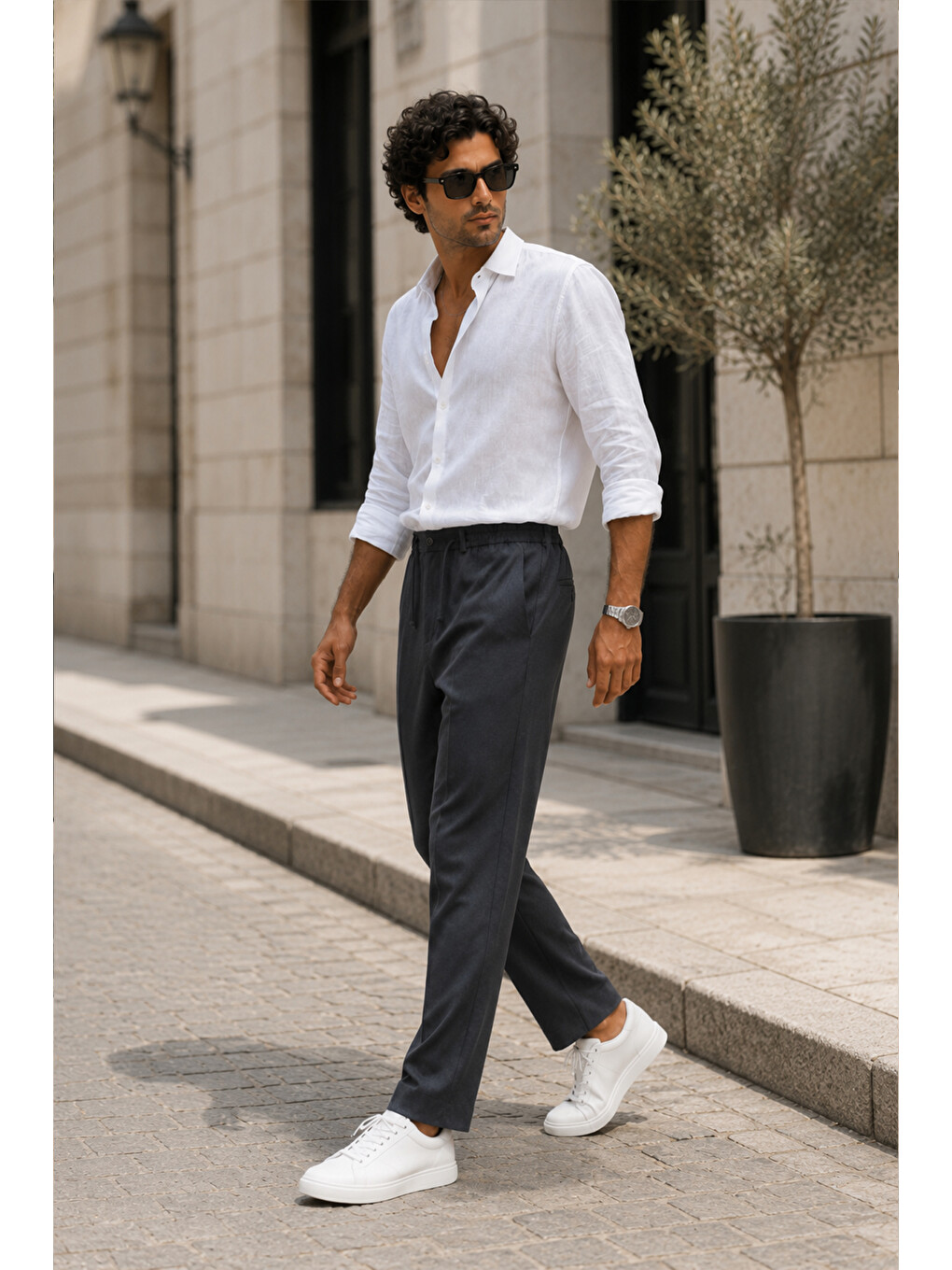 Gri Erkek Füme Relax Fit Bağcıklı Baggy Pantolon-1