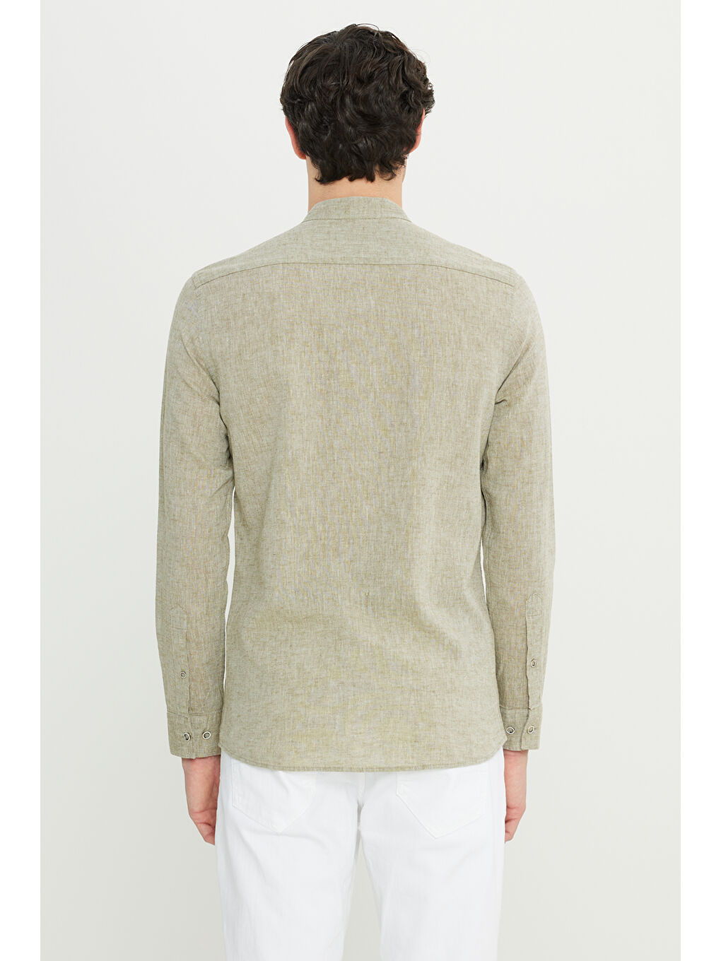 Erkek Haki Slim Fit Dar Kesim Hakim Yaka Keten Gömlek-5