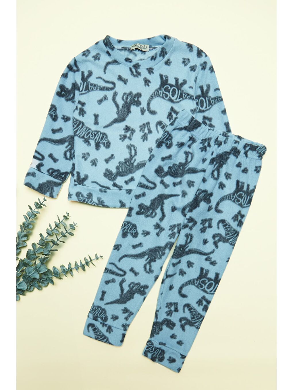Mavi Dinozor Desenli Polar Erkek Çocuk Pijama Takımı