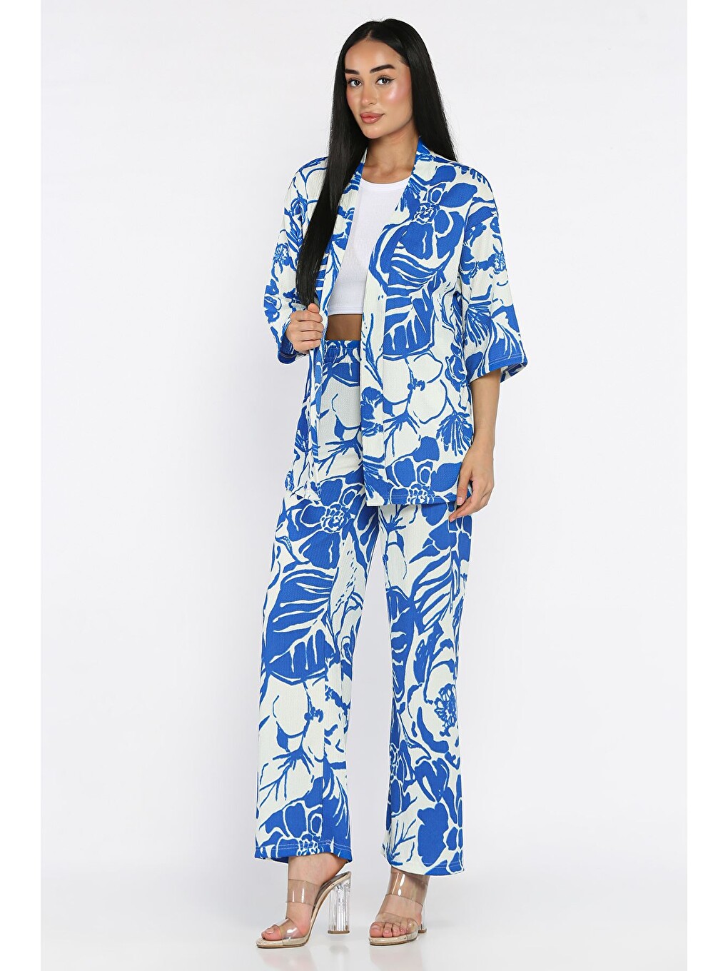 Mavi Kadın Desenli Kimono Pantolon İkili Takım