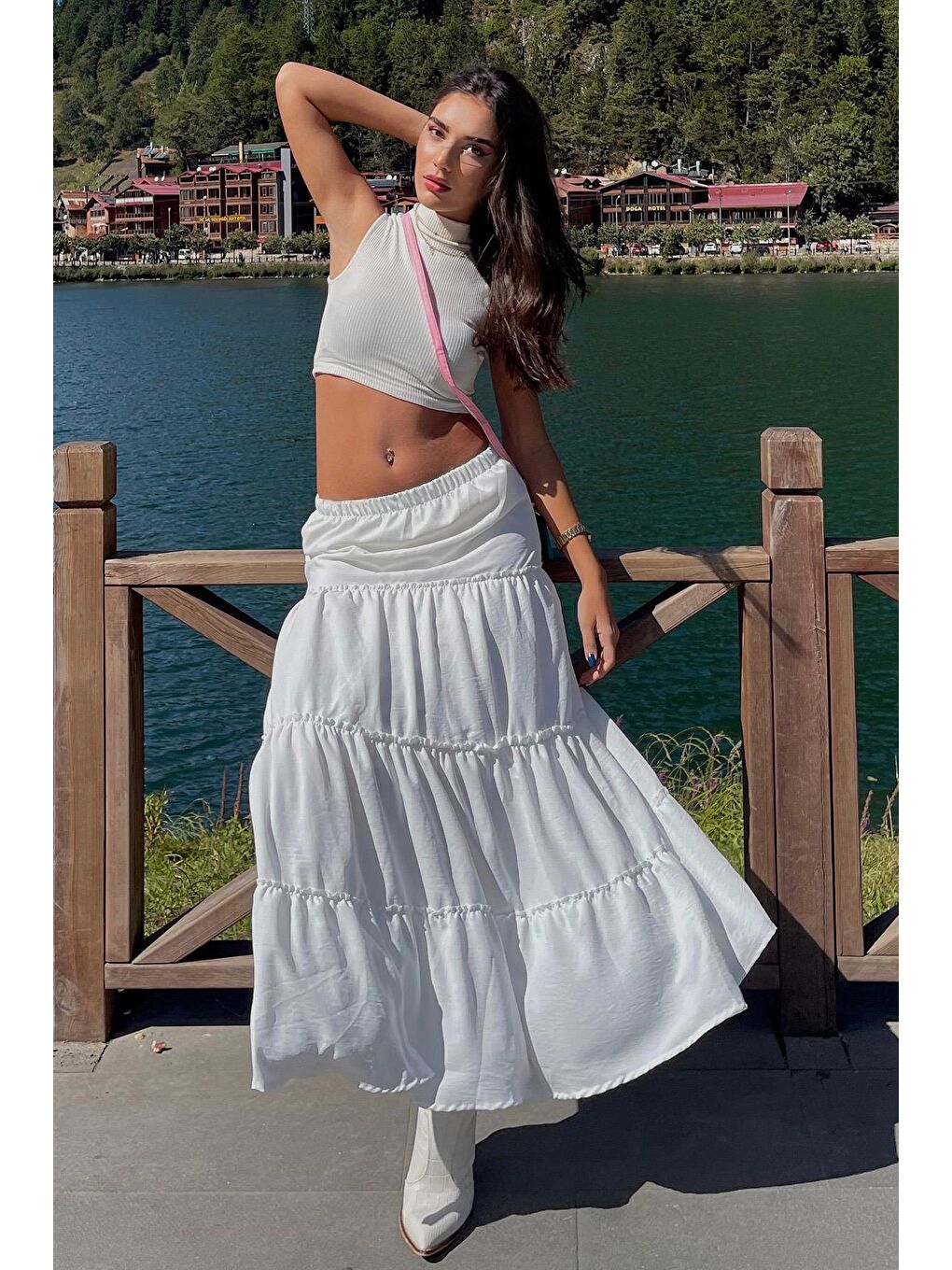 Beyaz Basic Pileli Kadın Uzun Etek-1