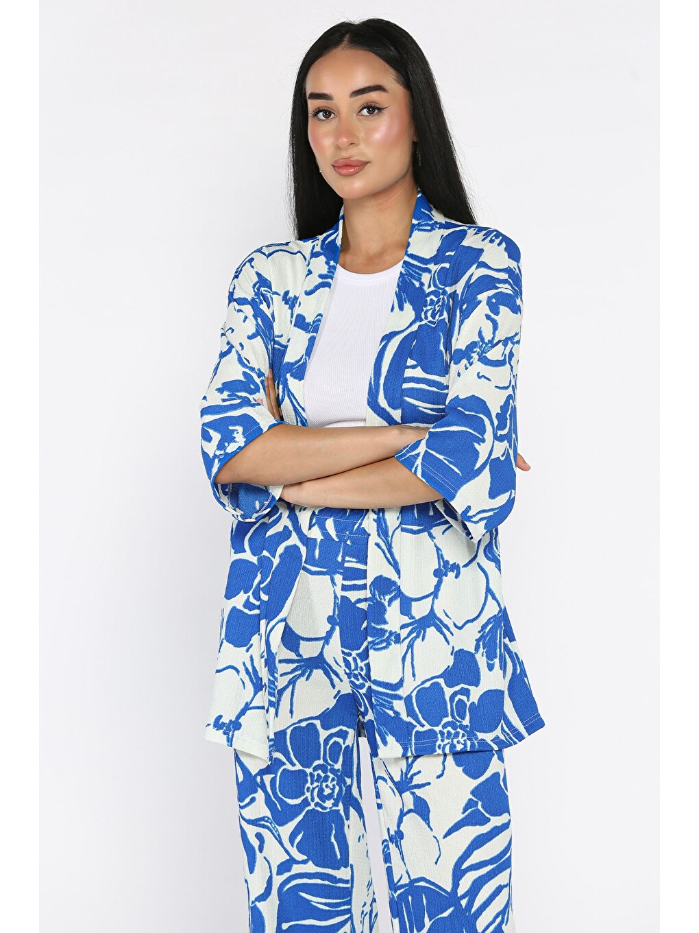 Mavi Kadın Desenli Kimono Pantolon İkili Takım-1