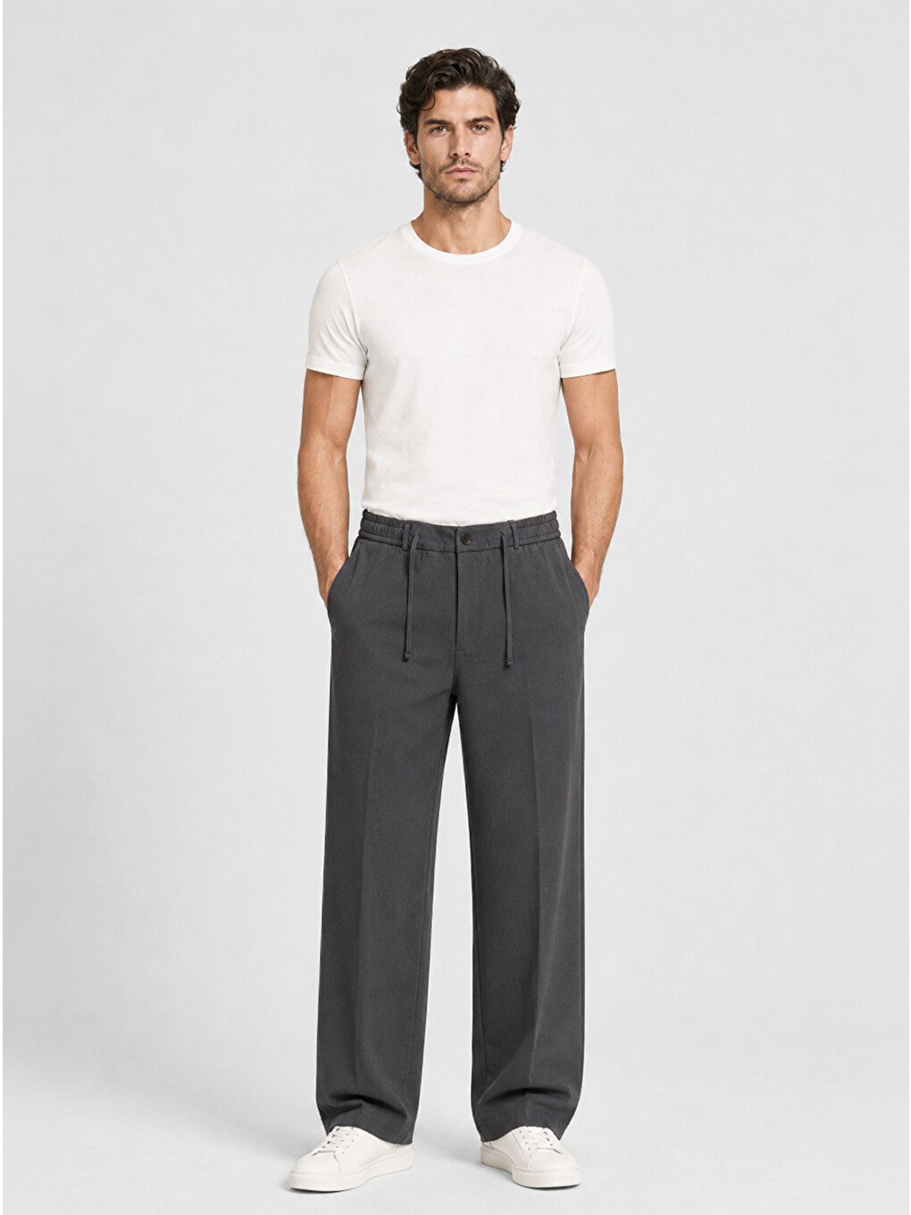 Gri Erkek Füme Relax Fit Bağcıklı Baggy Pantolon-2
