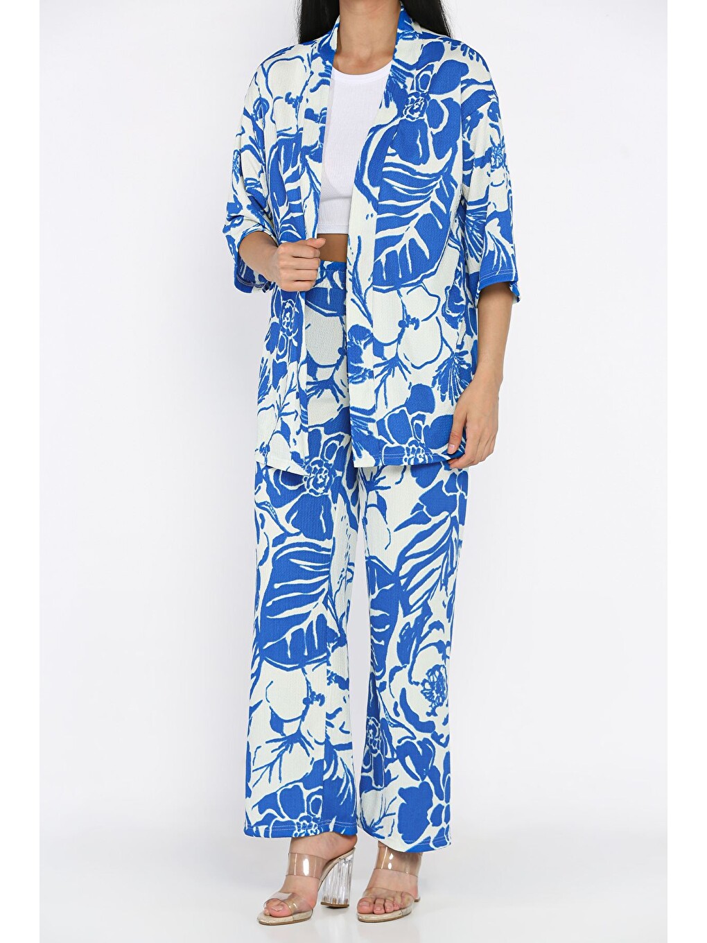 Mavi Kadın Desenli Kimono Pantolon İkili Takım-2