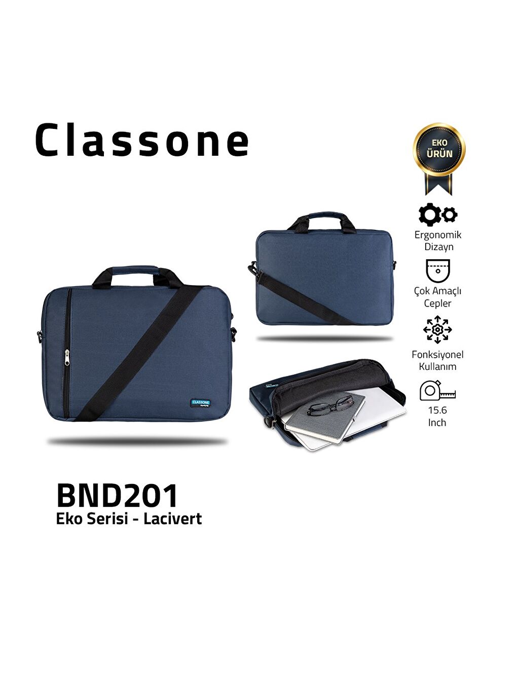 Classone WTX201 WTXpro Serisi Su Geçirmez 15.6 inch Laptop Notebook El Çantası Lacivert - 6