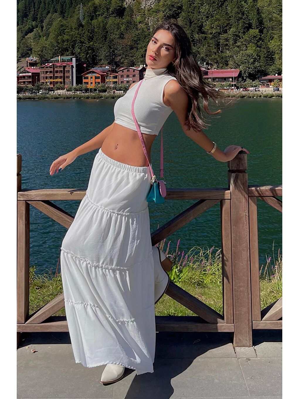 Beyaz Basic Pileli Kadın Uzun Etek-2