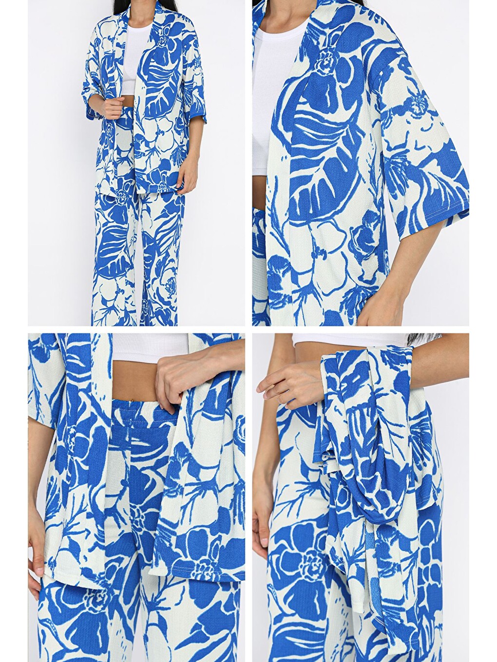 Mavi Kadın Desenli Kimono Pantolon İkili Takım-4