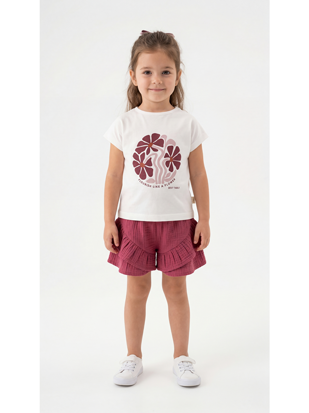 Pembe Flourish Like A Flower Kabartma Baskılı Kız Çocuk Tişört-Şort Takım