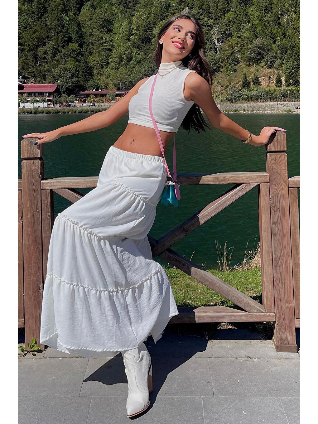 Beyaz Basic Pileli Kadın Uzun Etek-3