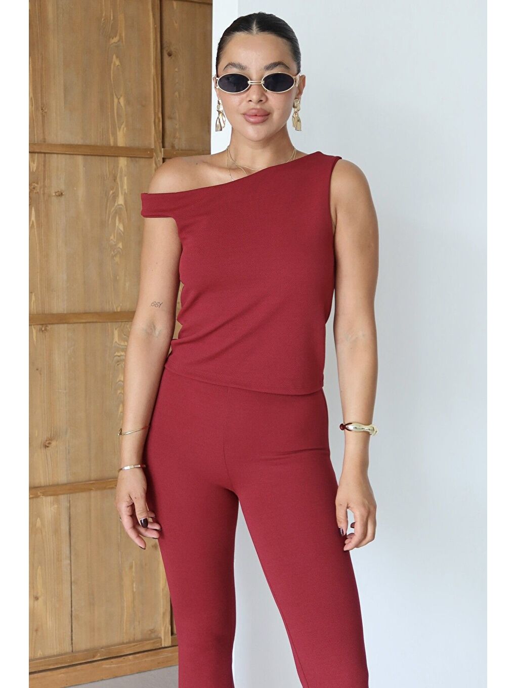 Kadın Bordo Omuz Detaylı Kalın Askılı Bluz Yırtmaç Detaylı Pantolon Takım-6