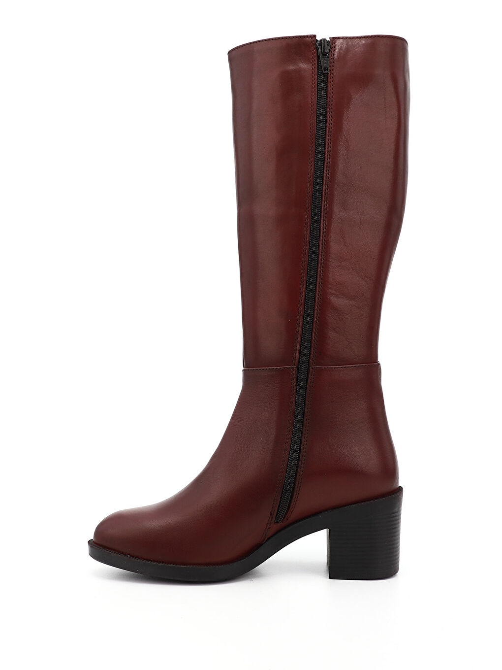 Bordo Kadın BORDO Fermuarlı Kalın Topuklu Hakiki Deri Çizme-2