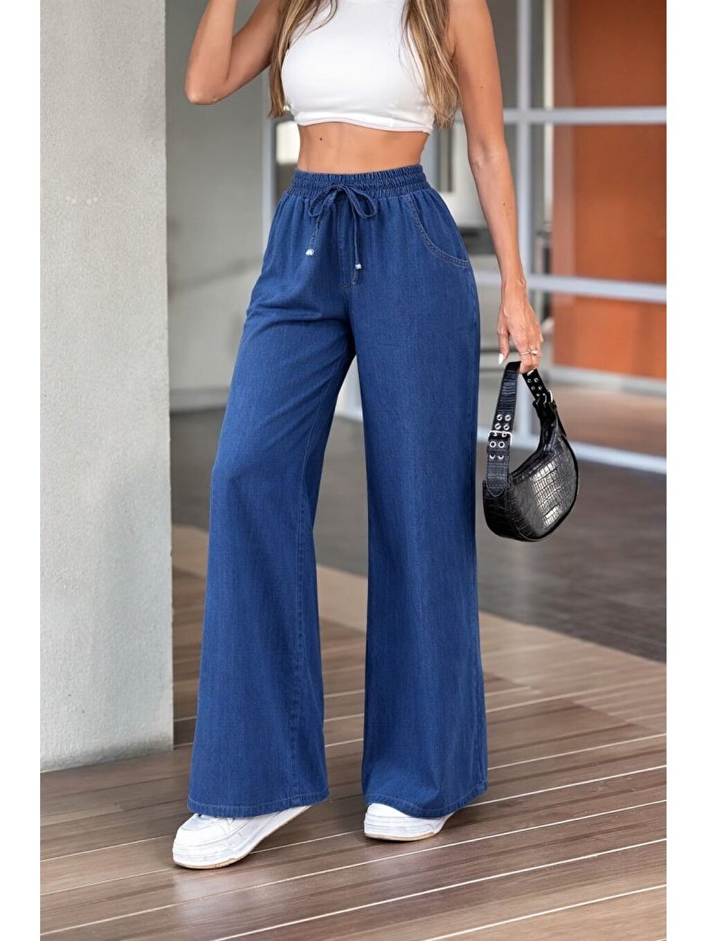 Mavi Kadın Yüksek Bel Lastikli Bağcıklı Jean Pantolon-2