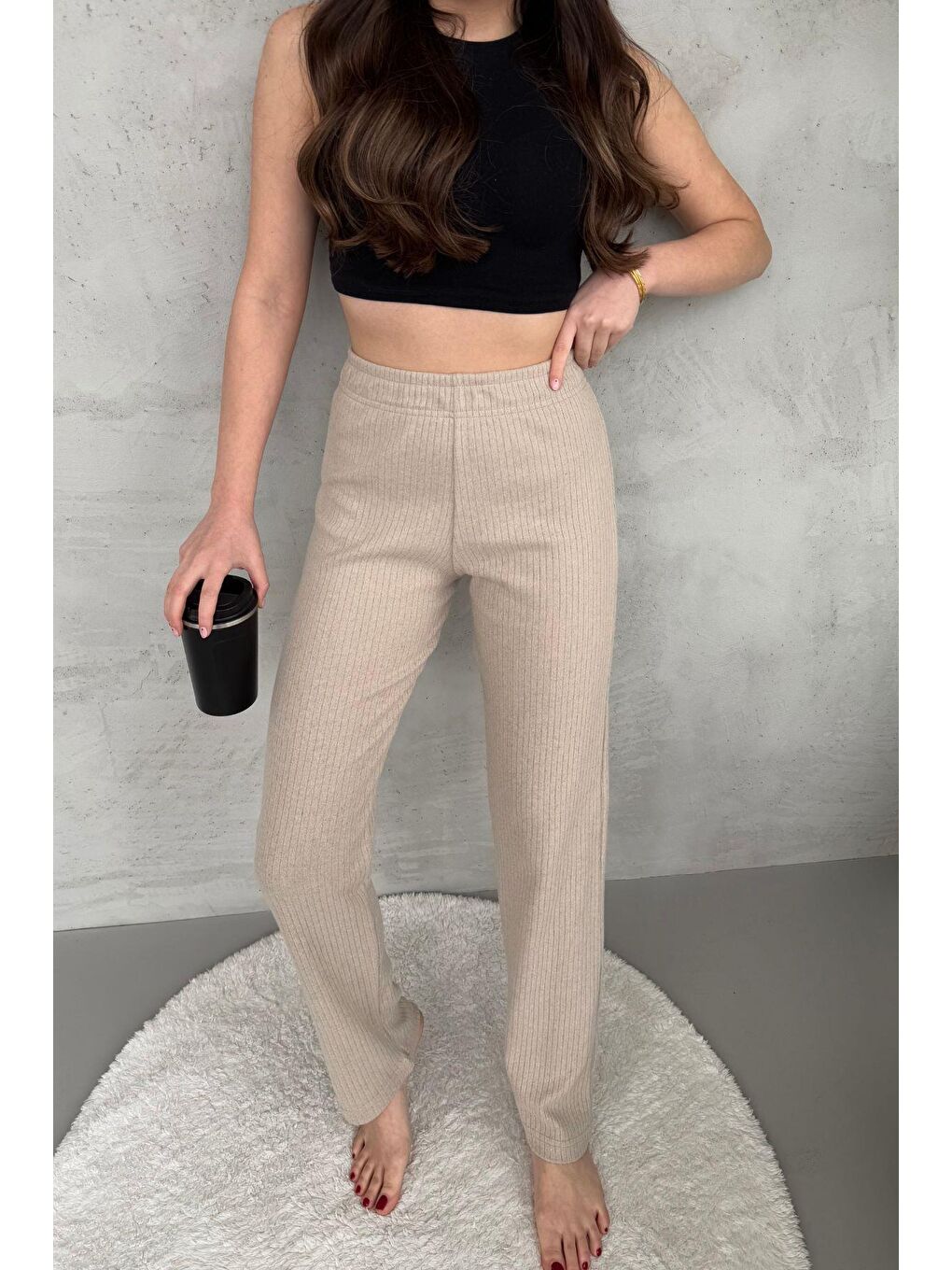 Bej Kadın Vizon Yüksek Bel Fitilli Bol Paça Günlük İnce Eşofman Altı Pijama-1