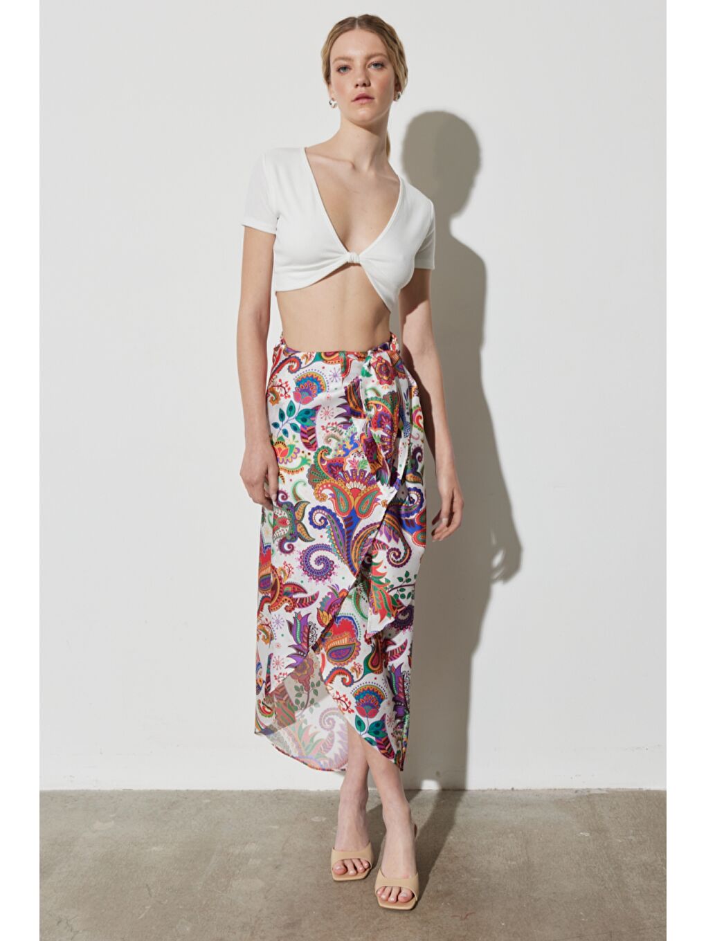 Karışık Regular Fit Normal Kesim Yüksek Bel Belden Bağlamalı Desenli Uzun Etek-2