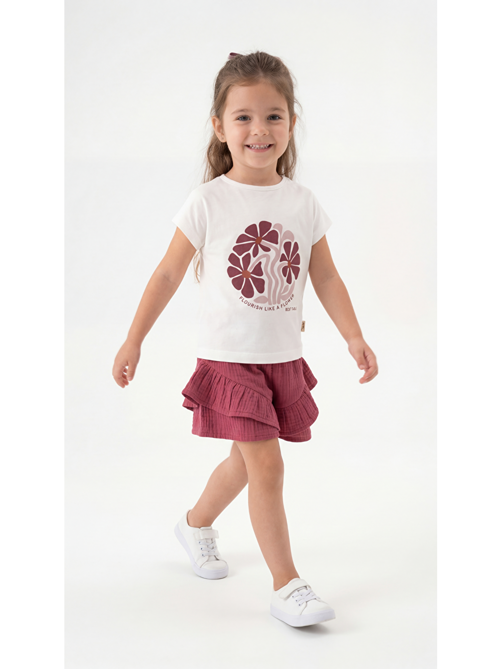 Pembe Flourish Like A Flower Kabartma Baskılı Kız Çocuk Tişört-Şort Takım-1