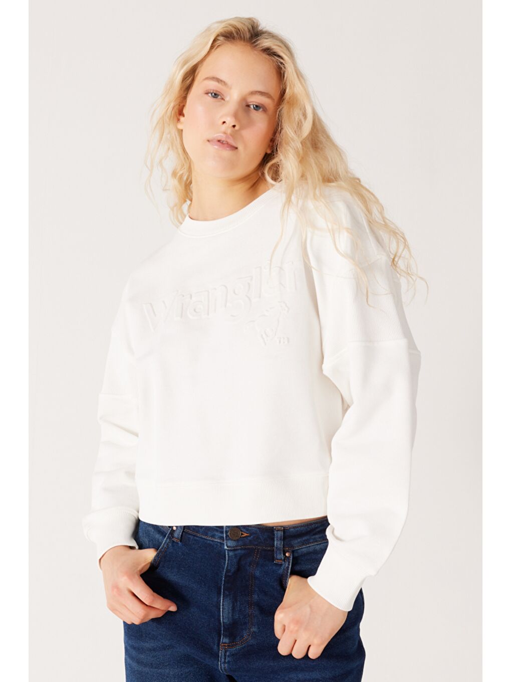 Relaxed Fit Geniş Kesim %100 Pamuk Bisiklet Yaka Beyaz Sweatshirt-1