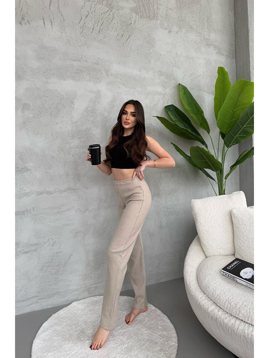 Bej Kadın Vizon Yüksek Bel Fitilli Bol Paça Günlük İnce Eşofman Altı Pijama-4