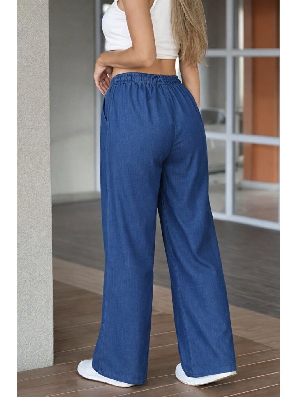 Mavi Kadın Yüksek Bel Lastikli Bağcıklı Jean Pantolon-3