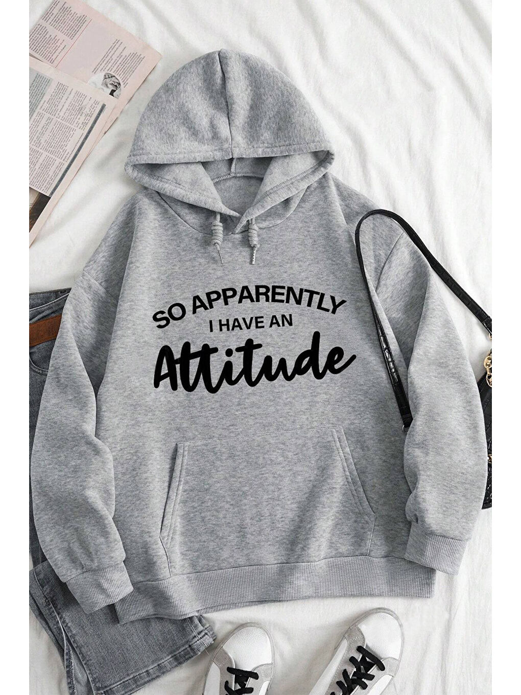 uyguntarz Gri Attitude Baskılı Oversize Sweatshirt