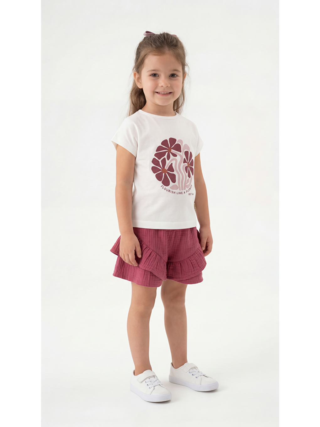 Pembe Flourish Like A Flower Kabartma Baskılı Kız Çocuk Tişört-Şort Takım-2
