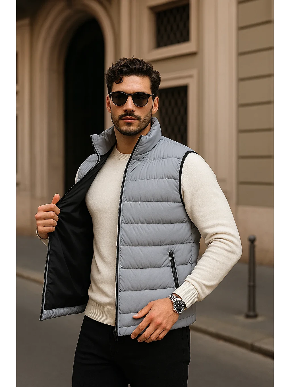 Erkek Kışlık Premium Basic Astarlı Gri Şişme Yelek