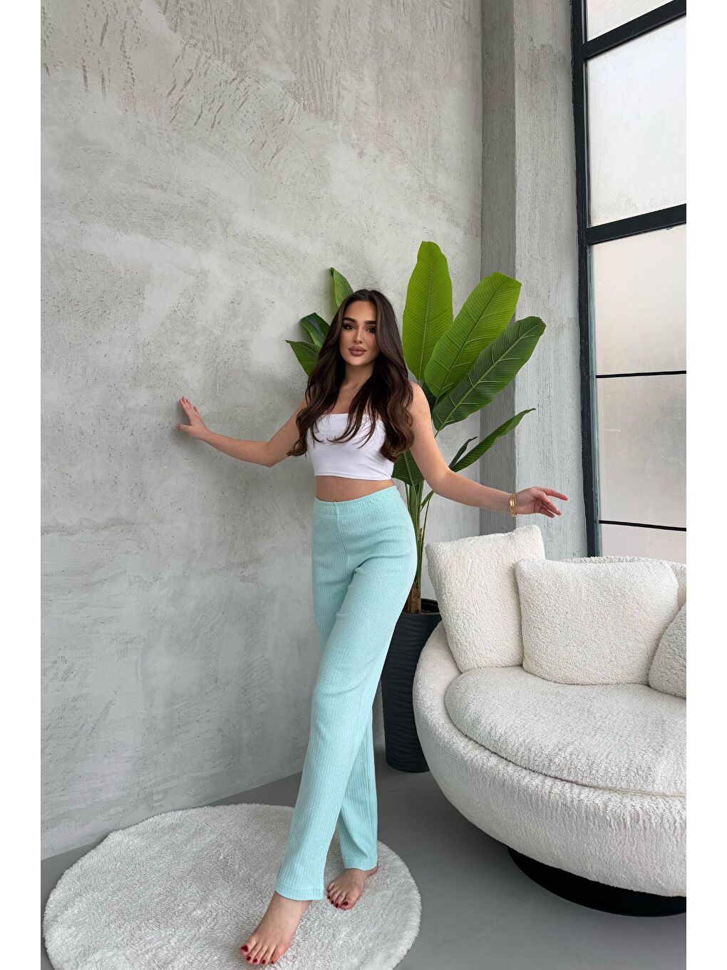 Turkuaz Kadın Su Yeşili Yüksek Bel Fitilli Bol Paça Günlük İnce Eşofman Altı Pijama