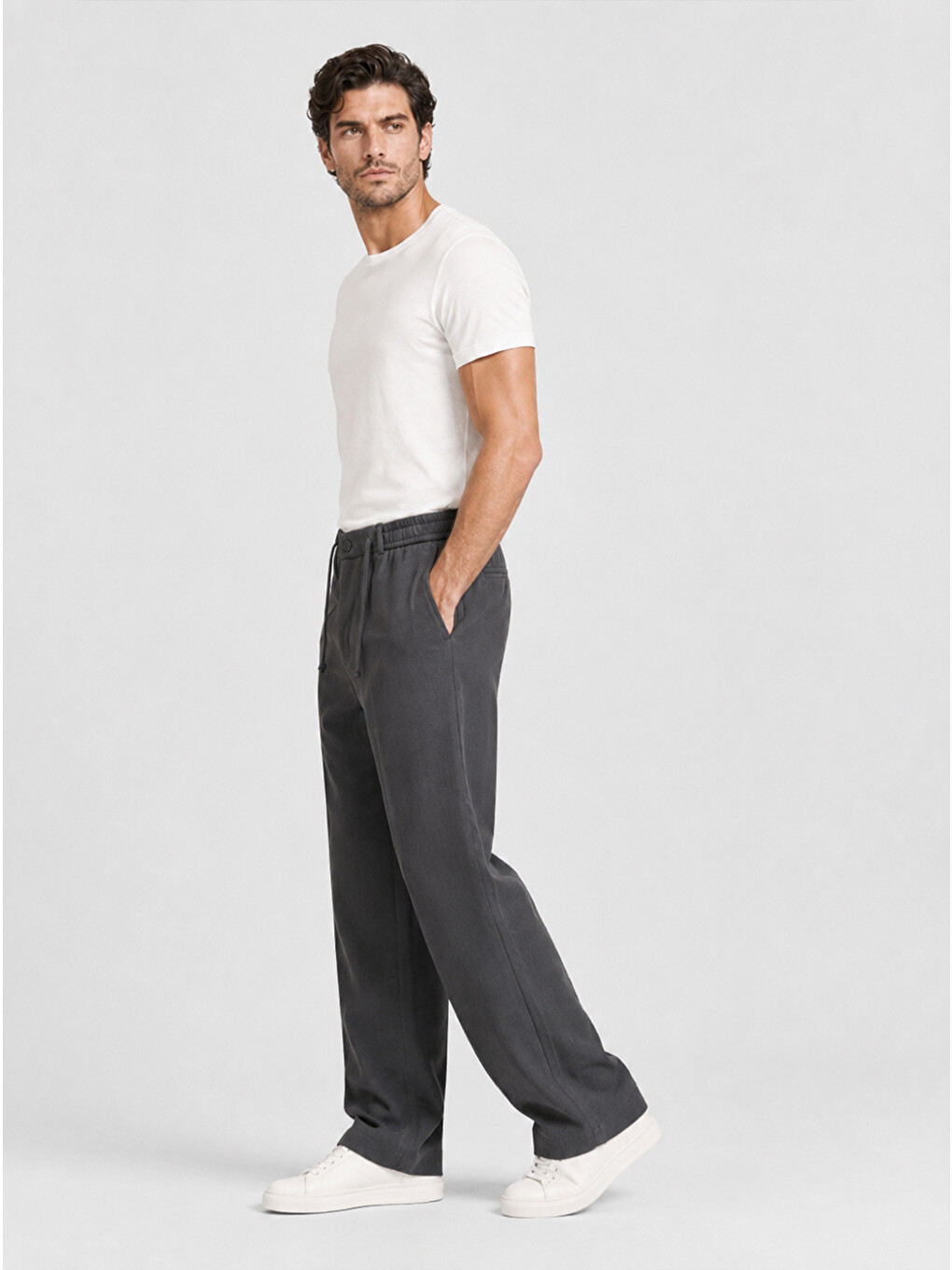Gri Erkek Füme Relax Fit Bağcıklı Baggy Pantolon-6