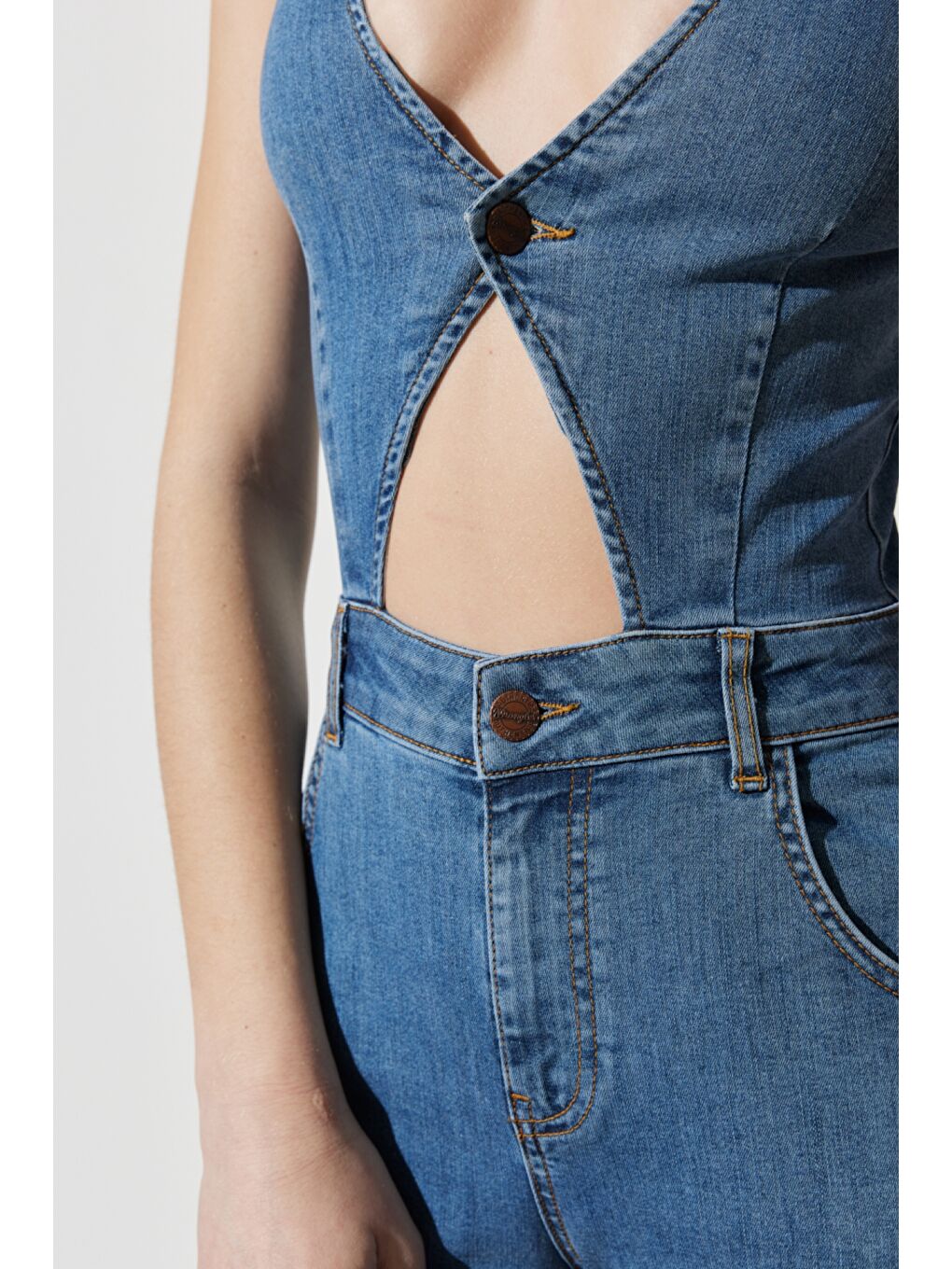 Regular Fit Normal Kesim Normal Bel Geniş Paça Kolsuz Açık Mavi Esnek Jean Tulum-5