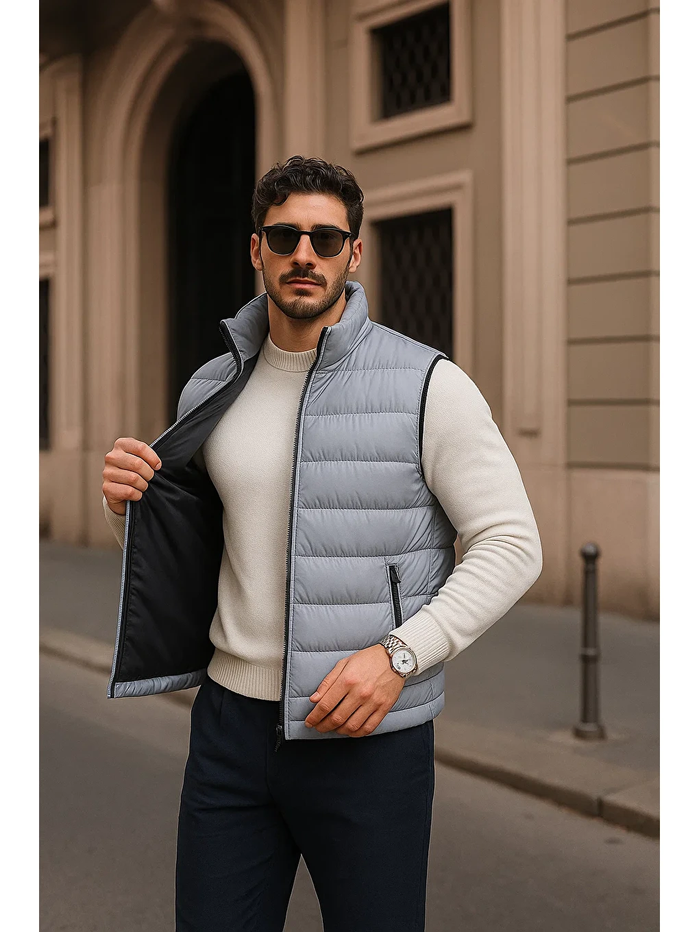 Erkek Kışlık Premium Basic Astarlı Gri Şişme Yelek-1