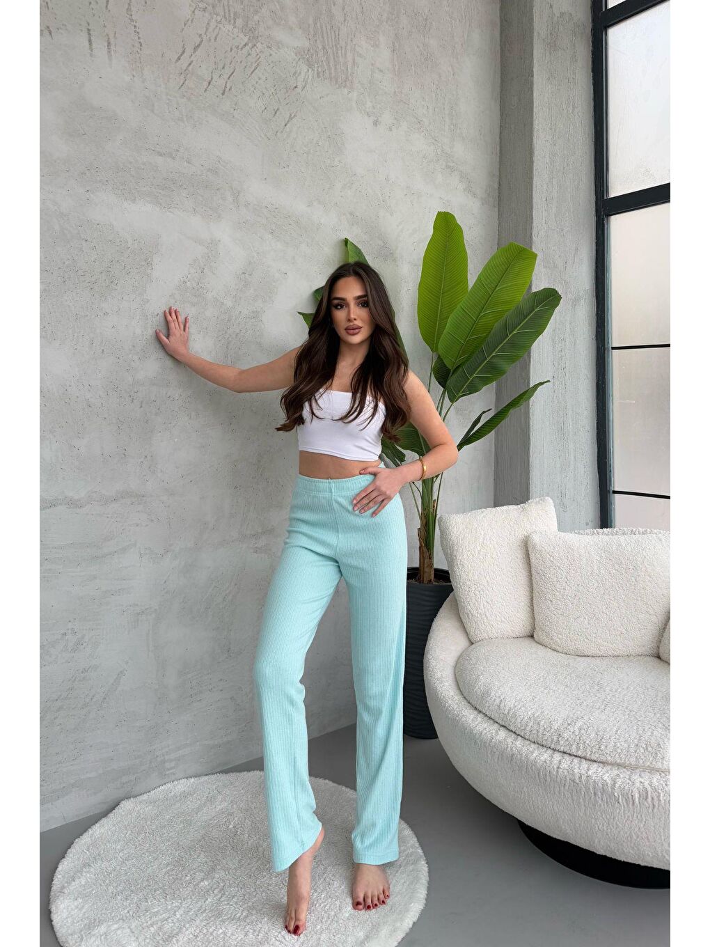 Turkuaz Kadın Su Yeşili Yüksek Bel Fitilli Bol Paça Günlük İnce Eşofman Altı Pijama-1